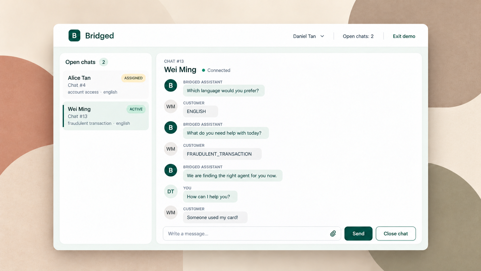 Bridged agent workspace showing assigned and active chats against a warm neutral abstract background