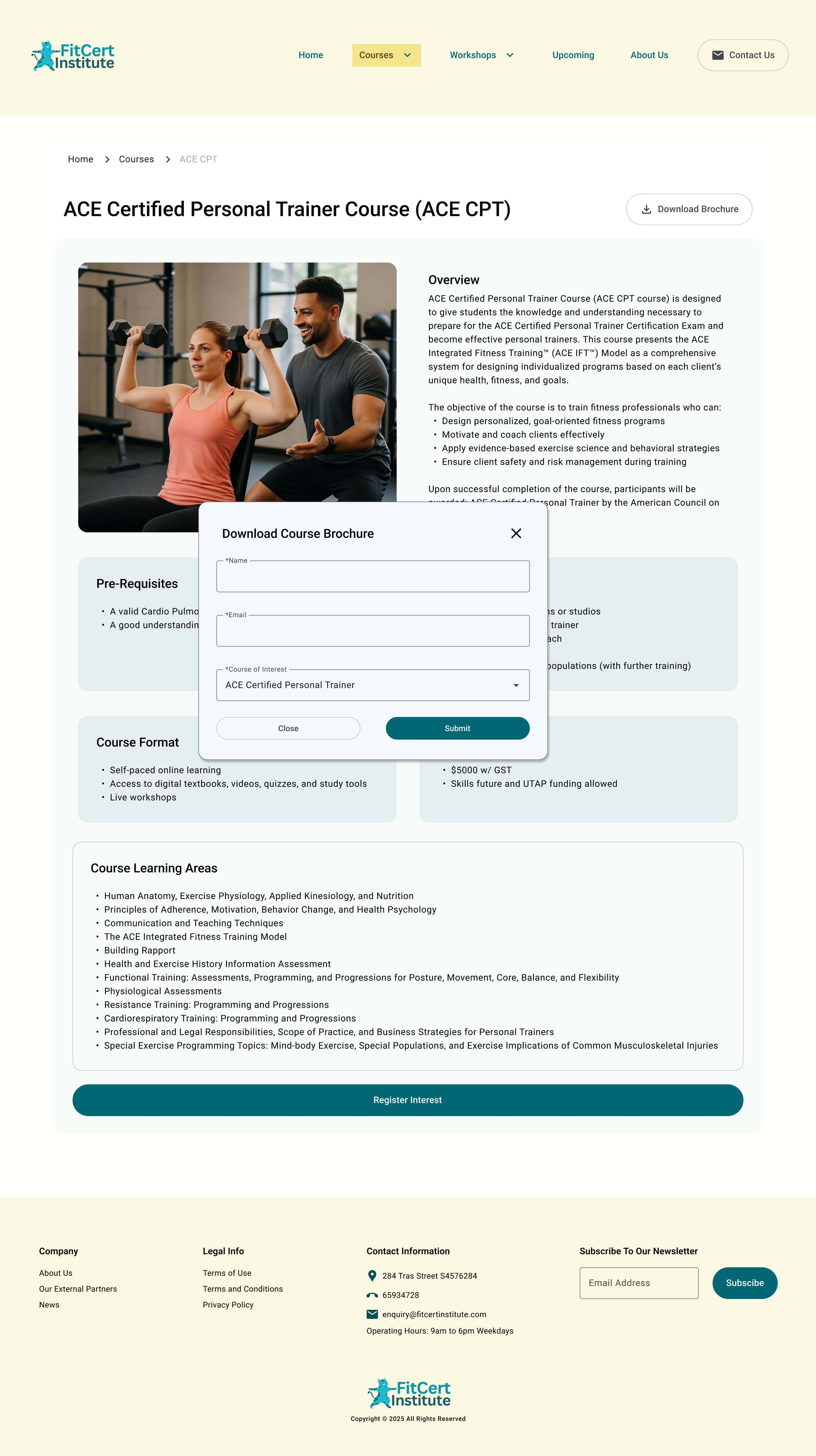 High-resolution ACE CPT course page with the Download Course Brochure modal open