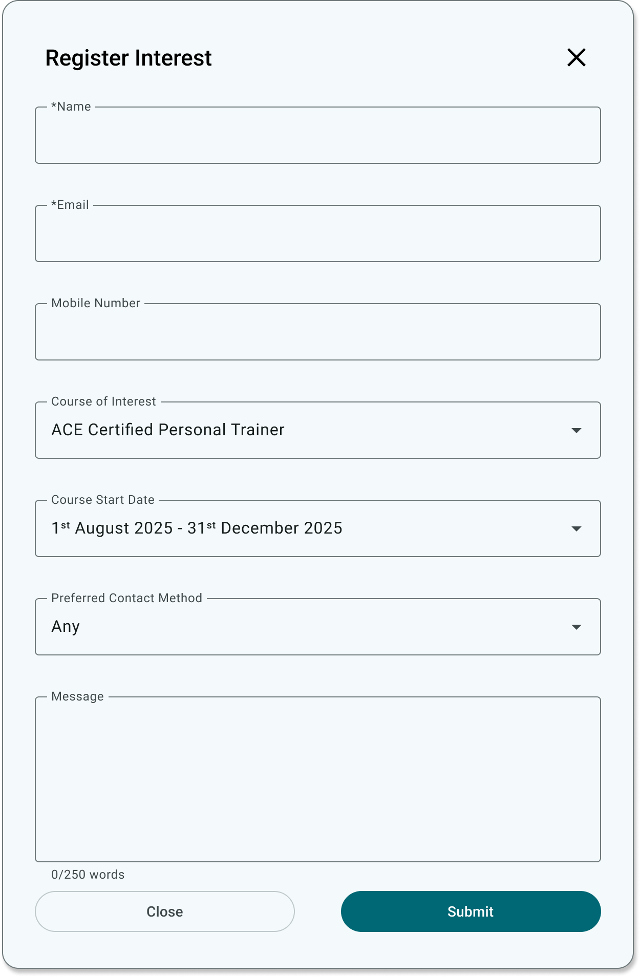 Register Interest modal displayed over the homepage