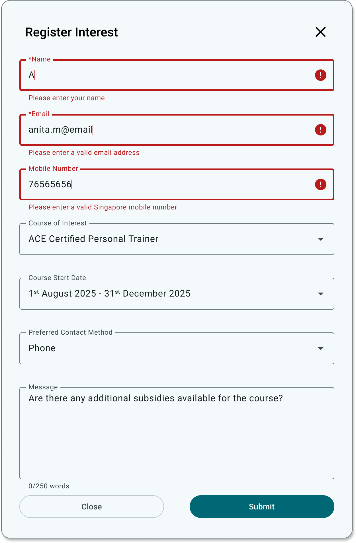 Register Interest form showing field-level validation errors
