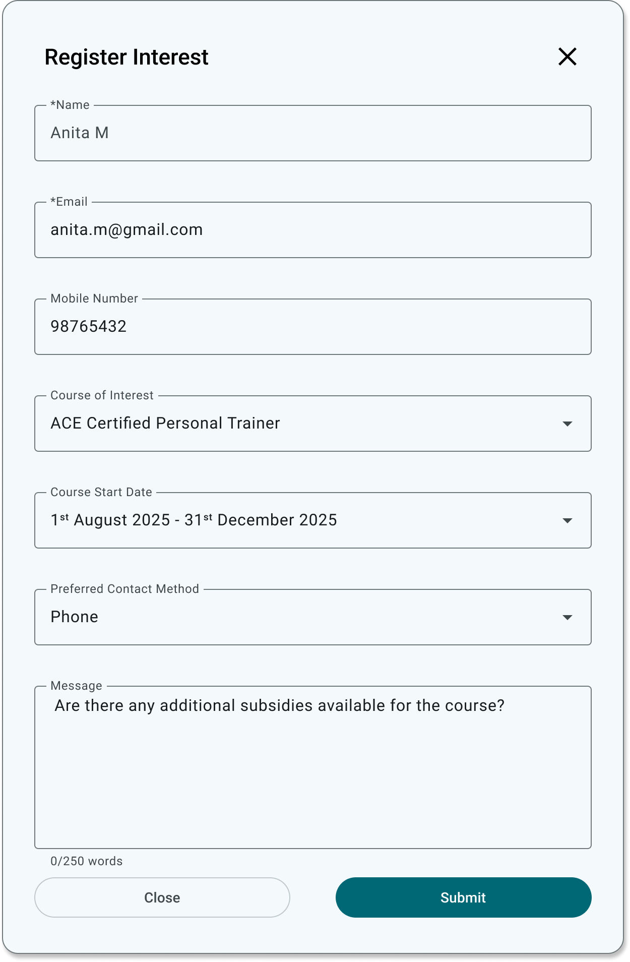 Completed Register Interest form before submission