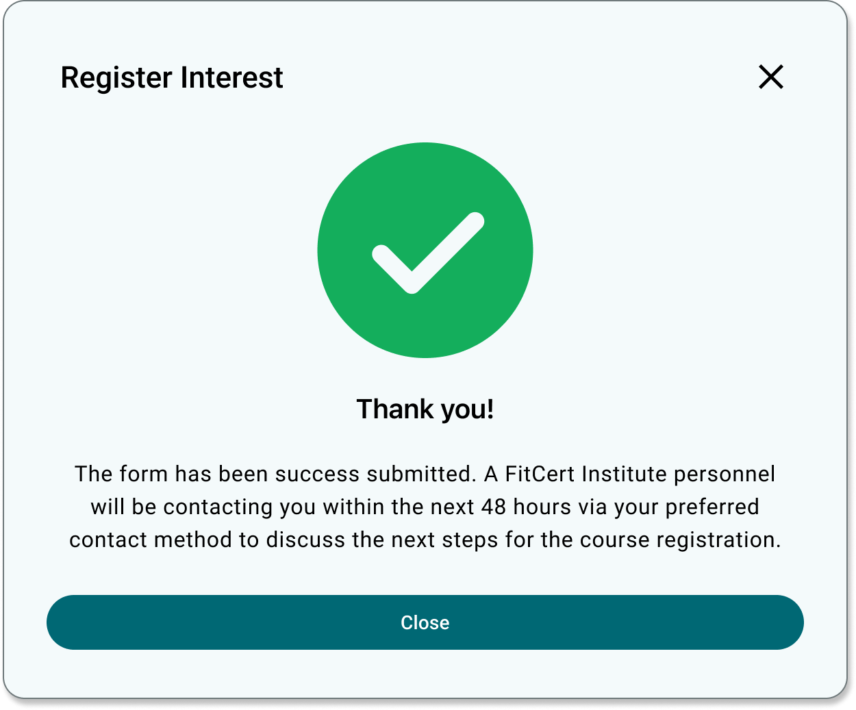 Register Interest confirmation explaining when the course team will respond