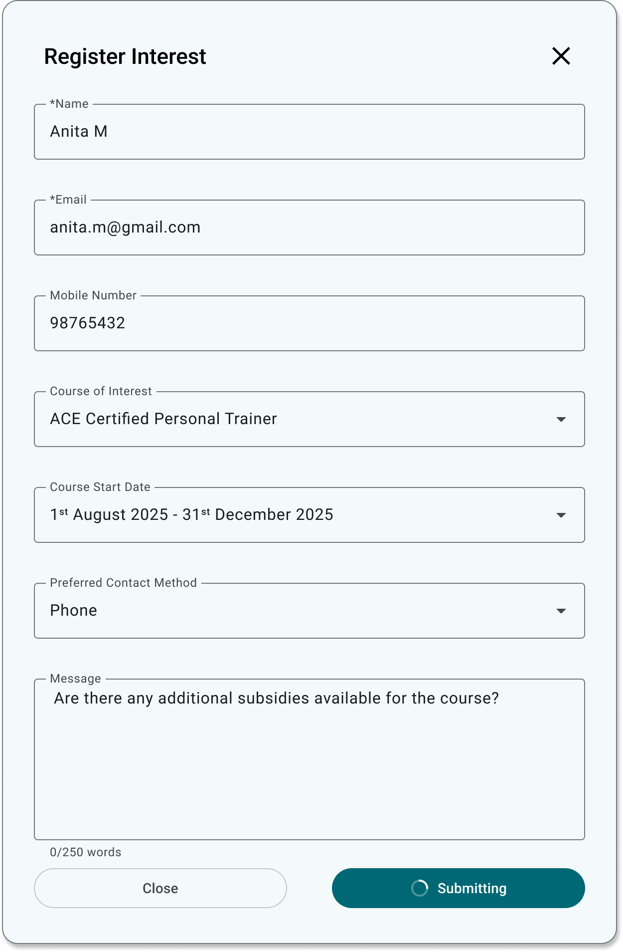 Register Interest form displaying its submitting state