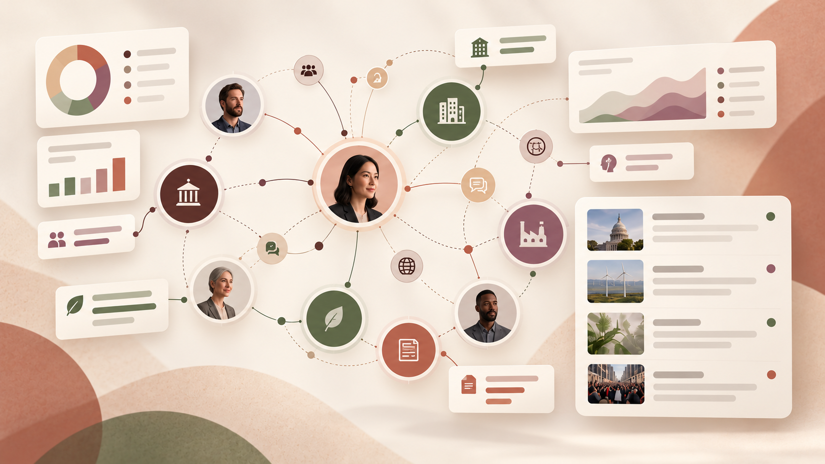Editorial composition showing a stakeholder network, insights and recommended news