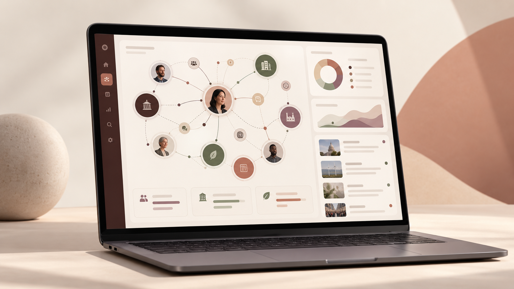 Fictional stakeholder intelligence system displayed on a laptop, showing connections between people, organisations, topics and media signals