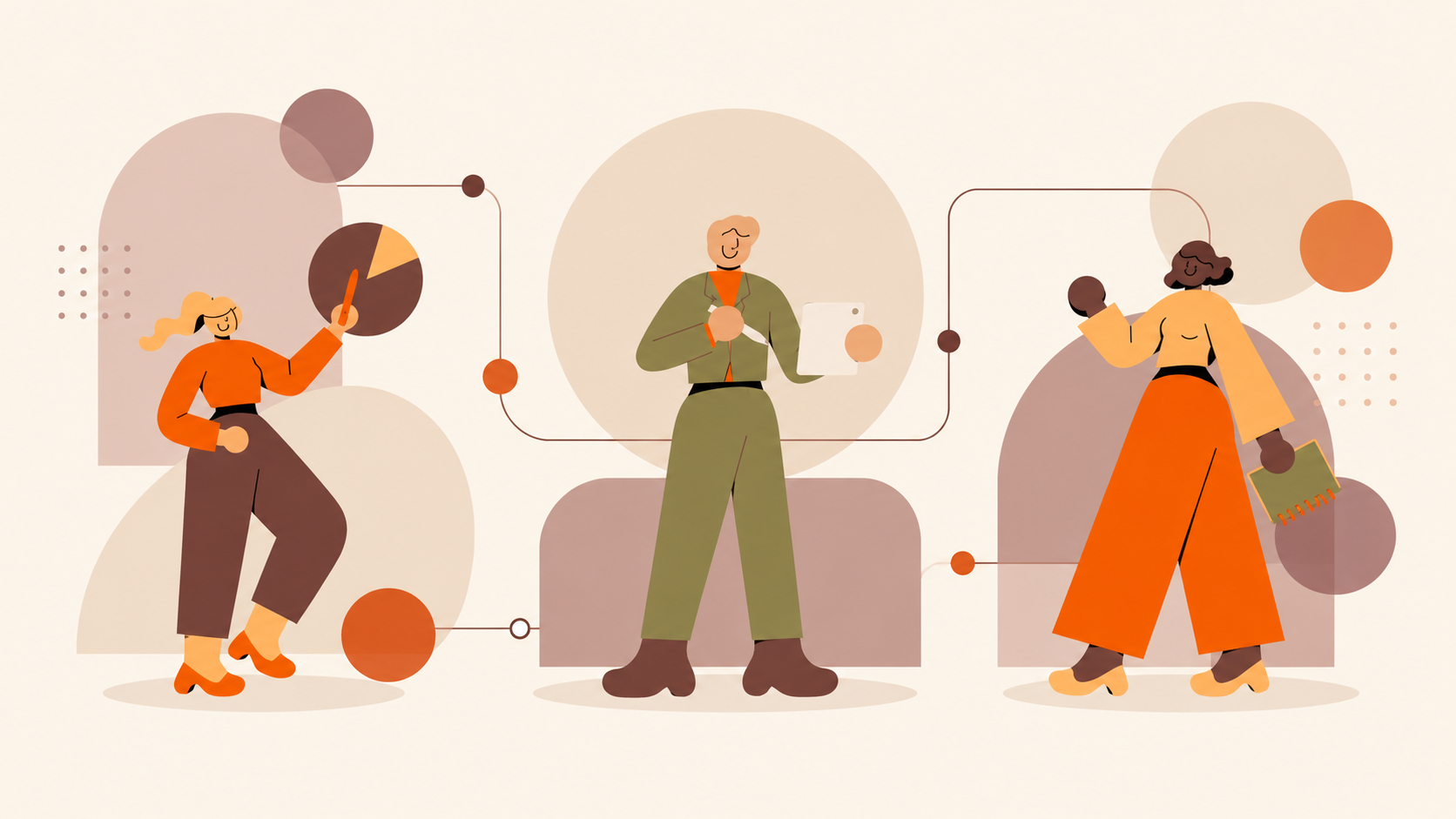 Three user personas connected by abstract geometric shapes